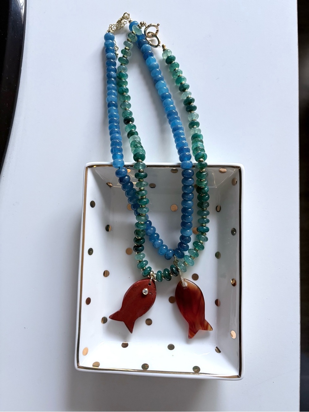 New Anthropologie Seafoam Green Beaded Necklace w/ Red Jasper Fish Pendant - Picture 6 of 6